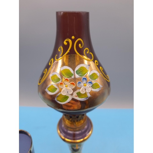 75 - Vintage Japanese Bond ware hand painted glass oil lamp and vase, Lamp height 33cm