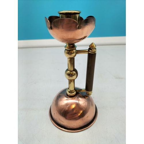 18 - Arts and crafts Weighted copper and Brass Candlestick with wooden handle H16cm