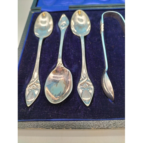 307 - Cased Set of silver plated  Art Nouveau six spoon and sugar tong set