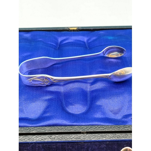 307 - Cased Set of silver plated  Art Nouveau six spoon and sugar tong set