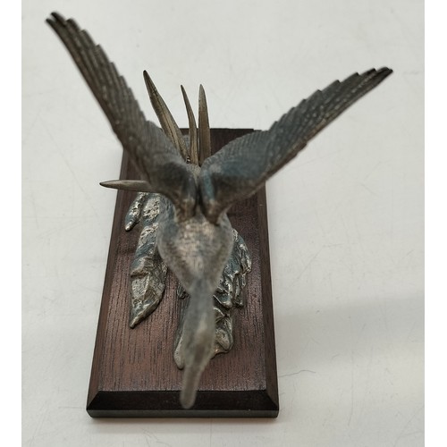 315 - Pewter model of a Mallard Duck in flight mounted on wooden plinth in the style of AR Brown 12x10cm