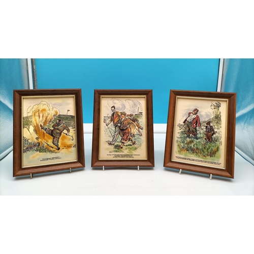 140 - Three Framed Golfing Picture Tiles H24 L19