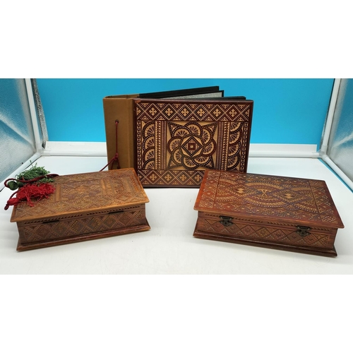 102 - Two Carved Wooden Boxes With Hinged Lids Plus Photo Album With Carved Wooden Cover Containing Embroi... 