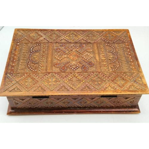 102 - Two Carved Wooden Boxes With Hinged Lids Plus Photo Album With Carved Wooden Cover Containing Embroi... 