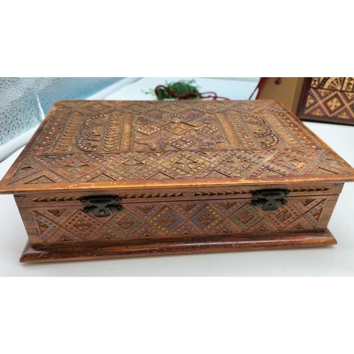 102 - Two Carved Wooden Boxes With Hinged Lids Plus Photo Album With Carved Wooden Cover Containing Embroi... 