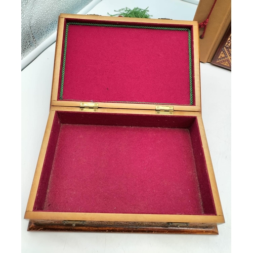 102 - Two Carved Wooden Boxes With Hinged Lids Plus Photo Album With Carved Wooden Cover Containing Embroi... 