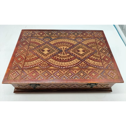 102 - Two Carved Wooden Boxes With Hinged Lids Plus Photo Album With Carved Wooden Cover Containing Embroi... 