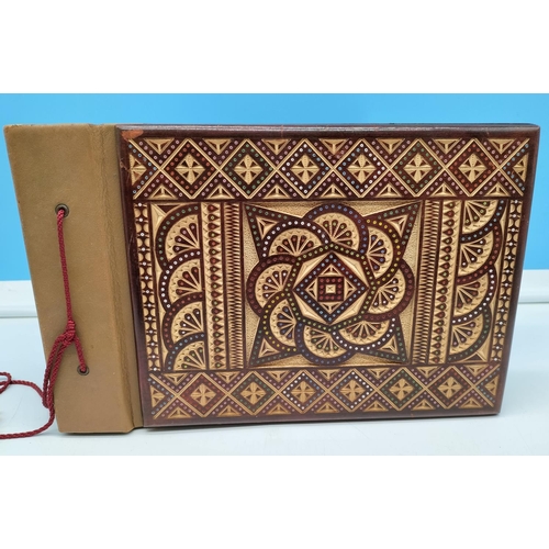 102 - Two Carved Wooden Boxes With Hinged Lids Plus Photo Album With Carved Wooden Cover Containing Embroi... 