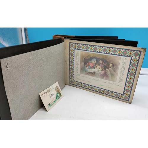 102 - Two Carved Wooden Boxes With Hinged Lids Plus Photo Album With Carved Wooden Cover Containing Embroi... 