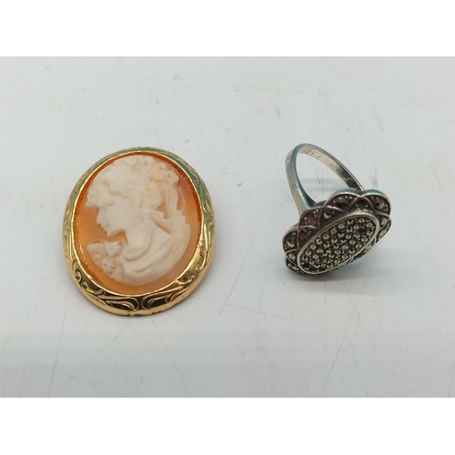 274 - Plated Cameo Brooch plus 925 Silver Ring (Missing 2 Stones)