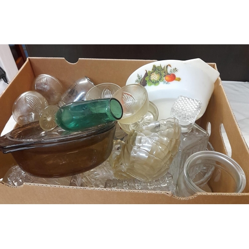 280 - Box of Glass Items to include Pyrex Casserole and Pressed Glass Dessert Dishes, etc.