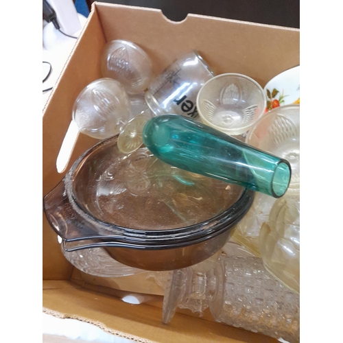 280 - Box of Glass Items to include Pyrex Casserole and Pressed Glass Dessert Dishes, etc.