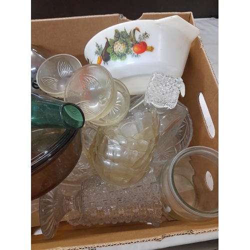 280 - Box of Glass Items to include Pyrex Casserole and Pressed Glass Dessert Dishes, etc.