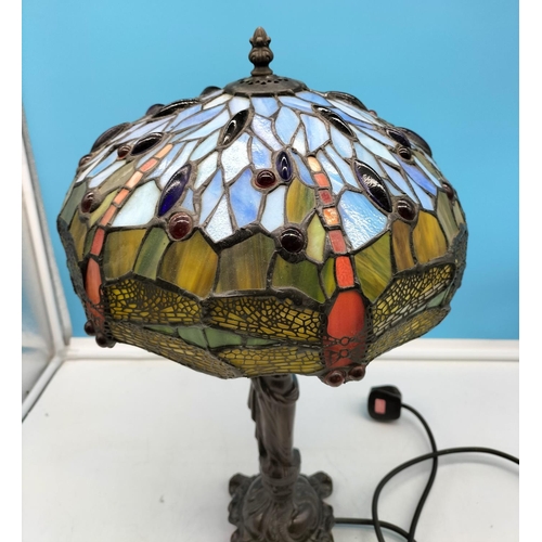 3 - Dragonfly Tiffany Style Lamp Shade on a Heavy Bronzed Lady Base. 52cm High, 34cm Diameter.