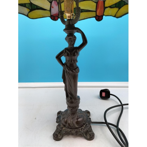 3 - Dragonfly Tiffany Style Lamp Shade on a Heavy Bronzed Lady Base. 52cm High, 34cm Diameter.