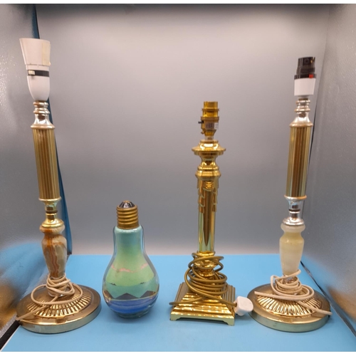 315 - 2 x Marble Column Lamps, Brass Lamp plus an Ornamental 'Sand in a Lightbulb'. Tallest being 40cm.