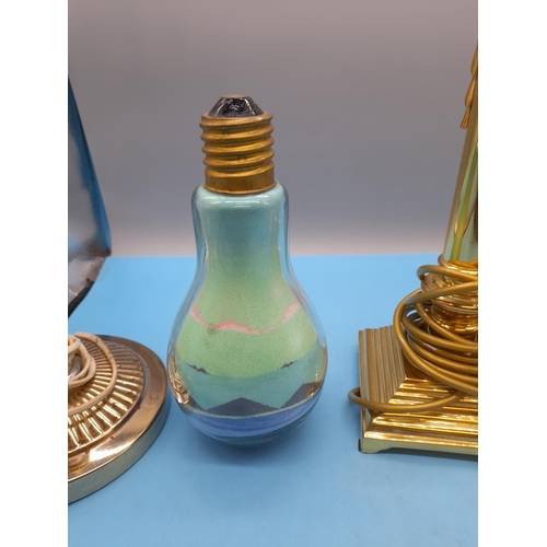 315 - 2 x Marble Column Lamps, Brass Lamp plus an Ornamental 'Sand in a Lightbulb'. Tallest being 40cm.