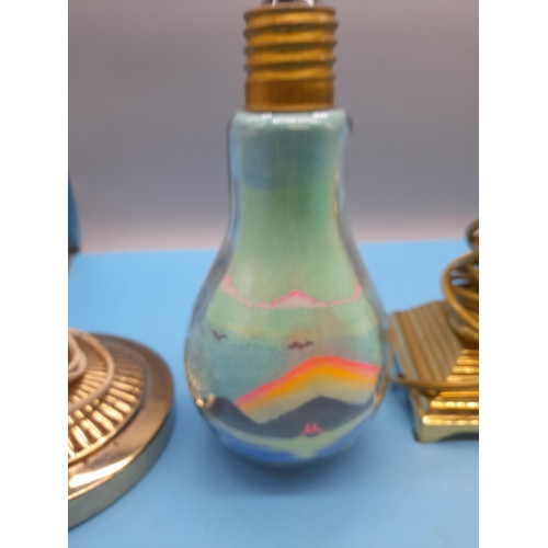 315 - 2 x Marble Column Lamps, Brass Lamp plus an Ornamental 'Sand in a Lightbulb'. Tallest being 40cm.
