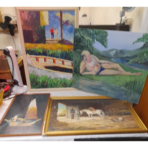 318 - 2 x Oil Paintings by Trevor Park plus an Oil Painting of Children on a Horse. Largest 69cm x 49cm.