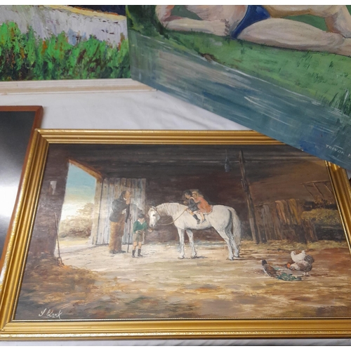 318 - 2 x Oil Paintings by Trevor Park plus an Oil Painting of Children on a Horse. Largest 69cm x 49cm.