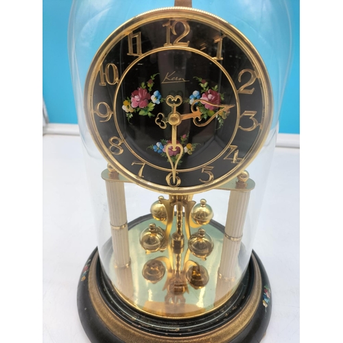 Kern Glass Dome Anniversary Clock with Hand Painted Flowers. W/O with Key.