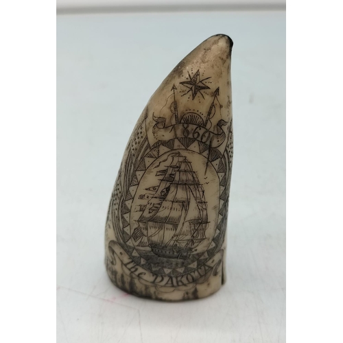 44 - Scrimshaw Style Resin Tooth 'The Dakota'. 9cm Tall.