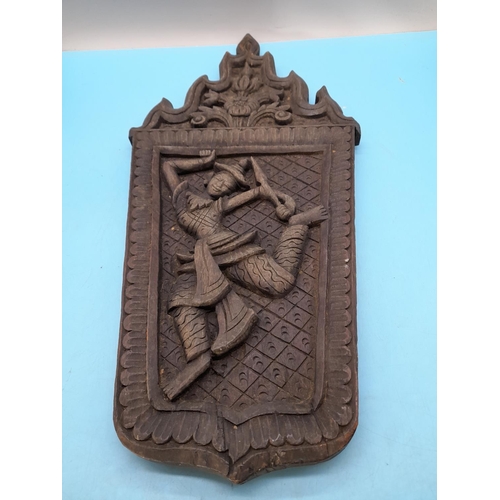 544 - Mid 20th Century Sri Lankan Carved Wall Plaque. 56cm x 26cm.