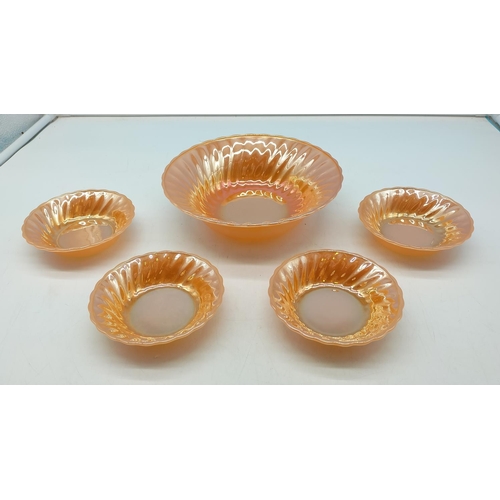 580 - Anchor Hocking Fire King Peach Lustre 5 Piece Serving Bowl Set. Largest Bowl 22cm Diameter, 6.5cm Hi... 