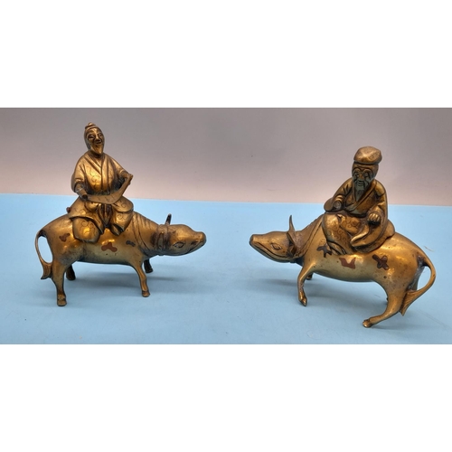 581 - Pair of Chinese 19th Century Incense Burners in the form of Scholars Riding Water Buffalo. 14cm High... 