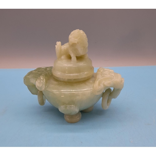 583 - Chinese 20th Century Carved Jade Incense Burner with Foo Dog Finial. 14cm High x 15cm.