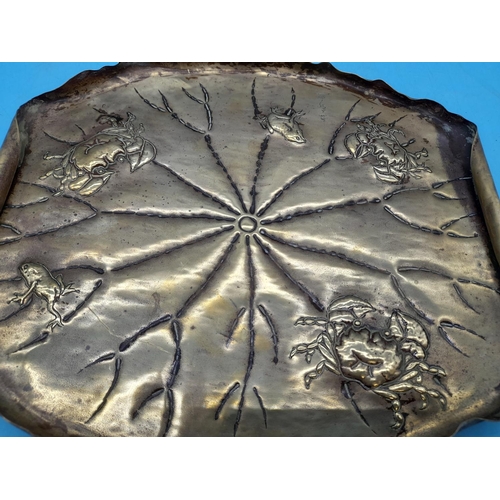 66 - Japanese Meiji Period Brass Tray Modelled as a Lotus Leaf and Decorated with Crabs and Frogs. 26cm x... 