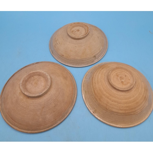 69 - Chinese 13th Century Song Period Celadon Shallow Bowls (3). 15cm Diameter.