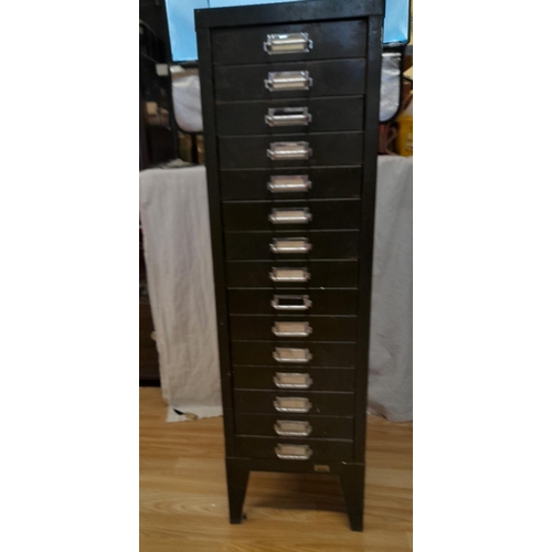 728 - Green Metal Multidrawer Cabinet. 100cm High x 30cm. Collection Only.