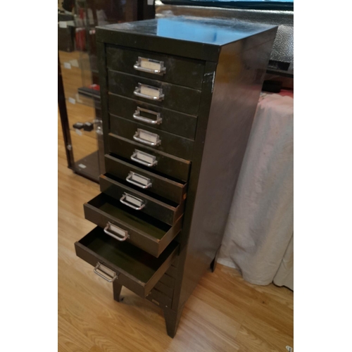 728 - Green Metal Multidrawer Cabinet. 100cm High x 30cm. Collection Only.