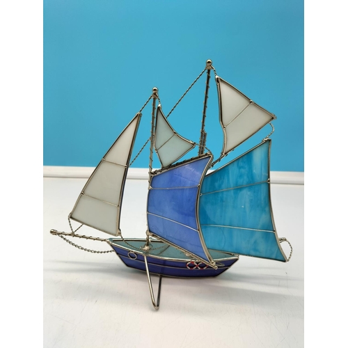 114 - Tiffany Style Figure of a Sailing Boat. 26cm High, 31cm Long.