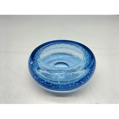 118 - Whitefriars Glass Control Bubble Arctic Blue Dish. 11cm Diameter.