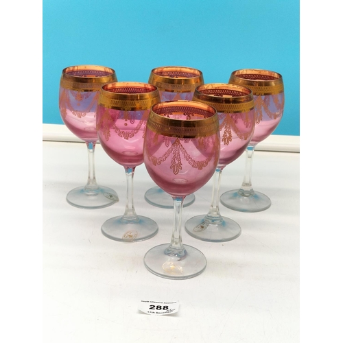 288 - J Preziosi (Italian) Cranberry and Gold 18cm Wine Goblets (6)