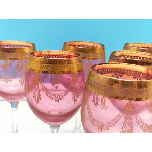 288 - J Preziosi (Italian) Cranberry and Gold 18cm Wine Goblets (6)