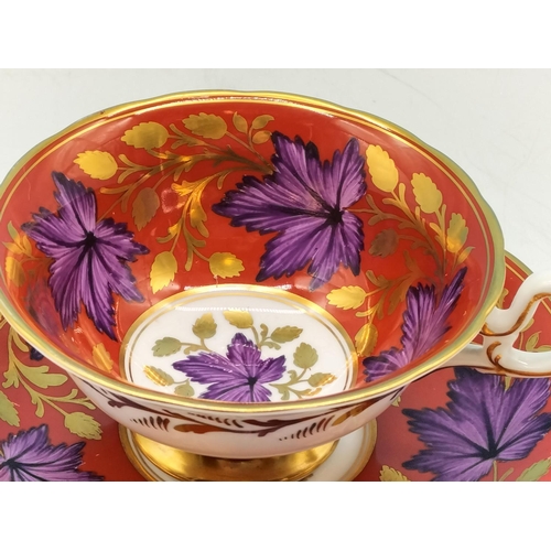 291 - Royal Chelsea Midas Ruby Red Gold Peony with Purple Leaf Design Cabinet Cup and Saucer.
