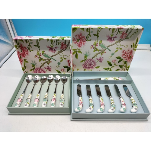 297 - Boxed Sanderson for Portmeirion 'Porcelain Garden' set of 6 Teaspoons plus Cheese Knife and 6 Spread... 