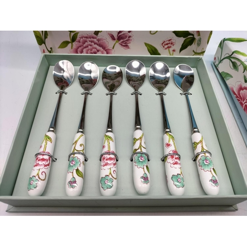 297 - Boxed Sanderson for Portmeirion 'Porcelain Garden' set of 6 Teaspoons plus Cheese Knife and 6 Spread... 
