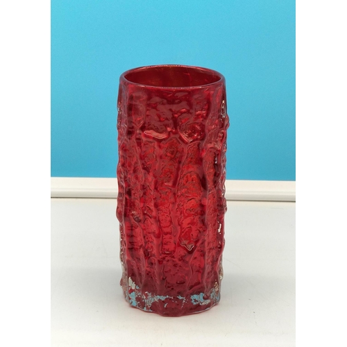 299 - Possibly Whitefriars Ruby Red Bark Vase. 23cm Tall.