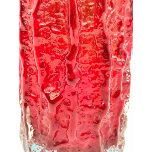 299 - Possibly Whitefriars Ruby Red Bark Vase. 23cm Tall.