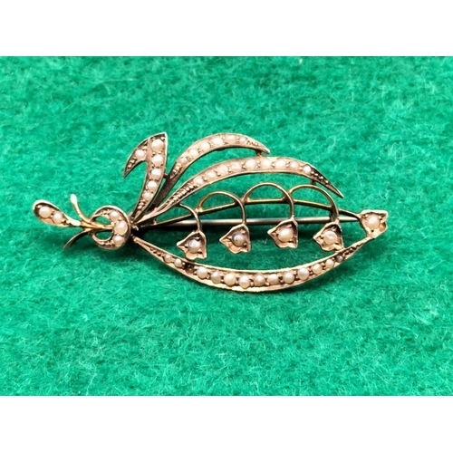 300 - 9ct Gold and Seed Pearl Leaf Design Brooch. c1900