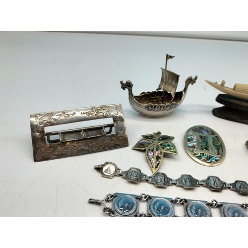 30A - Collection of Vintage White Metal Items to include Viking Boat, Costume Jewellery, etc.