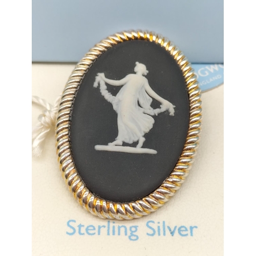 33 - 925 Silver and Wedgwood Black Jasper 'Dancing Hours' Brooch in Box. New Old Stock.