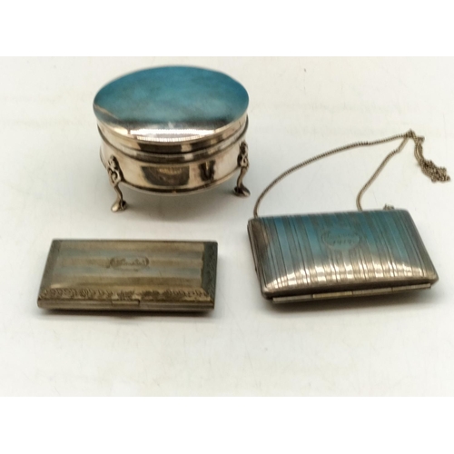 55A - Vintage Silver Plate Jewellery Tri Legged Case, White Metal Handbag on Chain plus Cheroot Case.