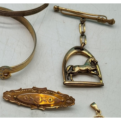 85A - Vintage Yellow Metal and Rolled Gold Bangles and Brooch plus Hand Pendant.