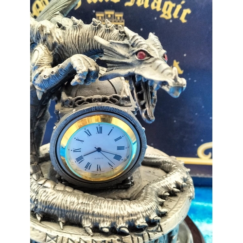 128 - Boxed Myth and Magic by Tudor Mint Pewter Dragon Clock Figure 'The Keeper of Time 3349'. 14cm High x... 