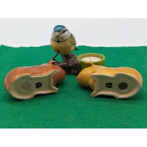 153 - Quail Pottery 'Hamster' Salt and Pepper Pots plus Blue Tit Tealight Holder.